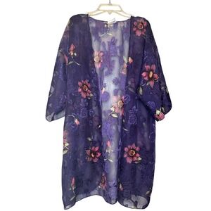 Sheer Floral WhimsiGoth Purple ‎ Kimono Robe Sz M Witchy Layering Boho Grunge